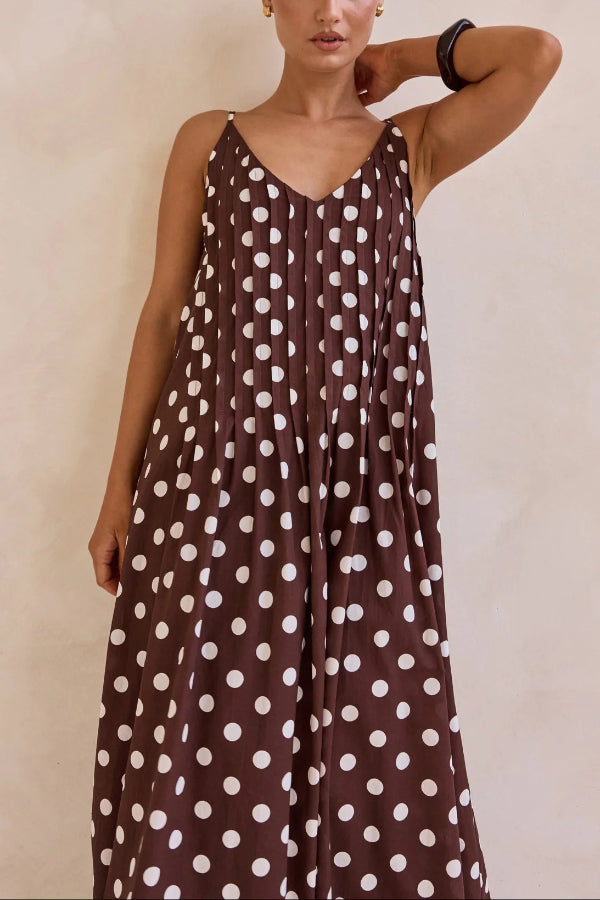Polka Dot Print V-neck Pleated Casual Vacation Maxi Dress