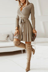 Pioe V Neck Pleated Knit Lace Up Mini Dress