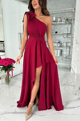 Susana Bowknot One-shoulder Ruffle Side Slit Maxi Dress