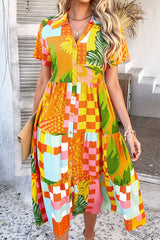 Bohemian Resort Style Print Casual Short Sleeve Button Midi Dress