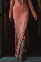 Fashionable Embroidered Floral Tassel Long-sleeved Slim-fit Maxi Dress