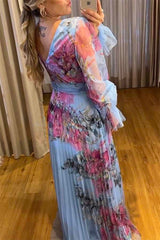 Sweet Sayings Watercolor Floral Patchwork Tulle Pleated Maxi Dress