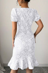 Floral Pattern Round Neck Puff Sleeve Fitted Midi Dress