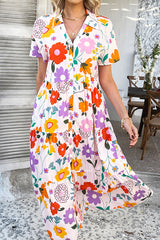 Bohemian Resort Style Print Casual Short Sleeve Button Midi Dress