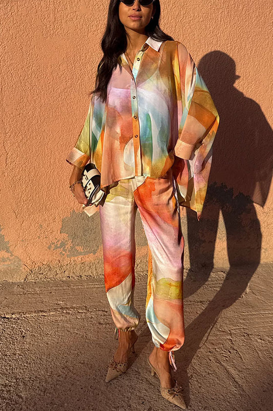 Vacation View Colorful Abstract Print Button Long Batwing Sleeve Oversized Blouse