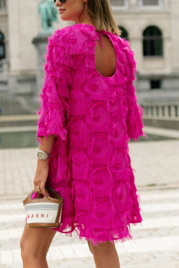 Solid Color Loose Round Neck Casual Tassel Mini Dress