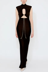 Genis Hollow Elastic Bust High Neck Sleeveless Gathered Maxi Dress