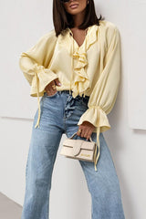 Satin Solid Color V-neck Tie Ruffle Casual Shirt