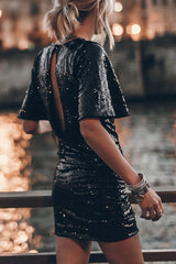 Countdown Celebration Sequin Short Bell Sleeve Open Back Ruched Mini Dress