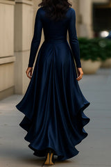 Solid Color Satin V-neck Long-sleeved Elegant Ruffled Maxi Dress