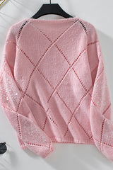 Fashionable Hollow Sequined Loose Rhombus Knitted Sweater