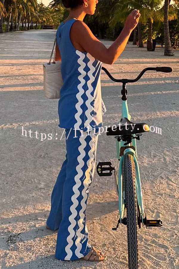 Tash Linen Blend Ric Rac Wave Trim Tank and Elastic Waist Pocket Flare Pants Set