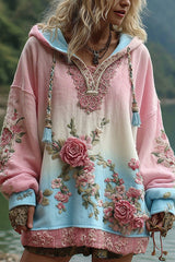 Floral Print Loose Hooded Long-Sleeved Sweatshirt
