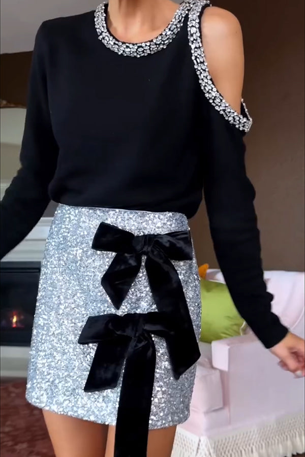 Holiday Party Knit Crystal-Embellished Cut-out Shoulder Long Sleeve Top