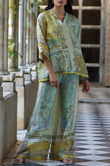 Elonie Satin Floral Print V-neck Half Sleeve Top and Elastic Waist Wide Leg Pants Set