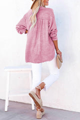 Solid Color Long Sleeve Pleated Button Loose Top
