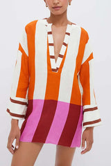 Talah Linen Blend Color Block Print V-neck Long Bell Sleeve Loose Mini Dress