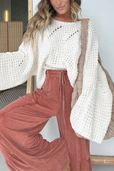 Solid Color Hollow Loose Round Neck Bat Sleeve Knitted Sweater