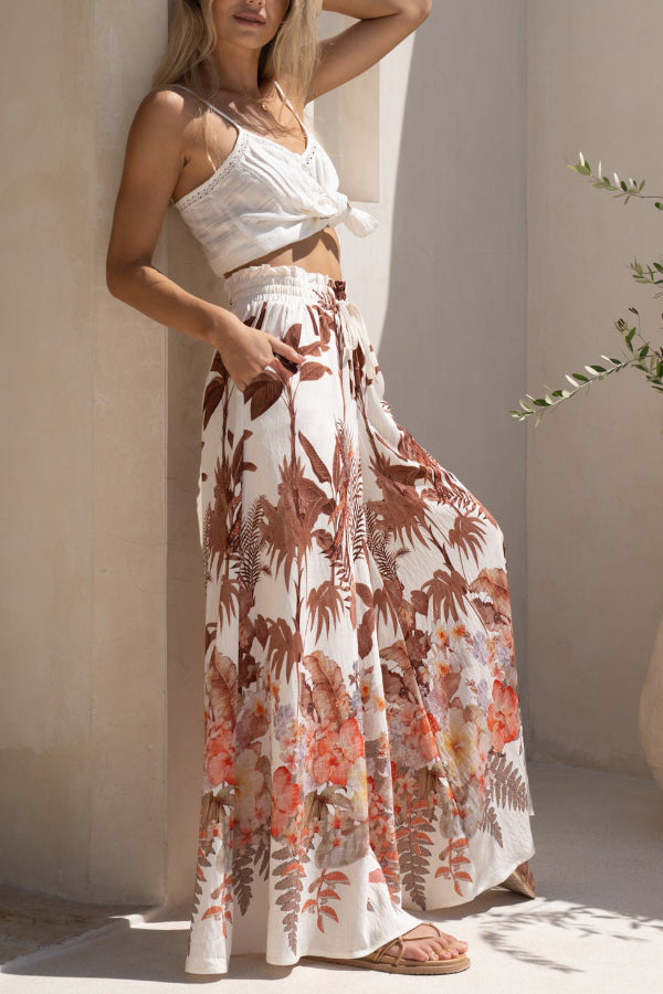 Leaf Print Casual Elastic Waist Pocket Loose Wide-leg Pants