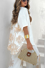 Coconut Palm Linen Blend Unique Print Oversized Shirt and Elastic Waist Pocket Loose Pants Set