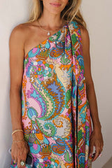 Rainbow Breeze Satin Unique Print Bow One Shoulder Loose Maxi Dress