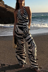Zebra Print Halter Neck Backless Button-Down Top