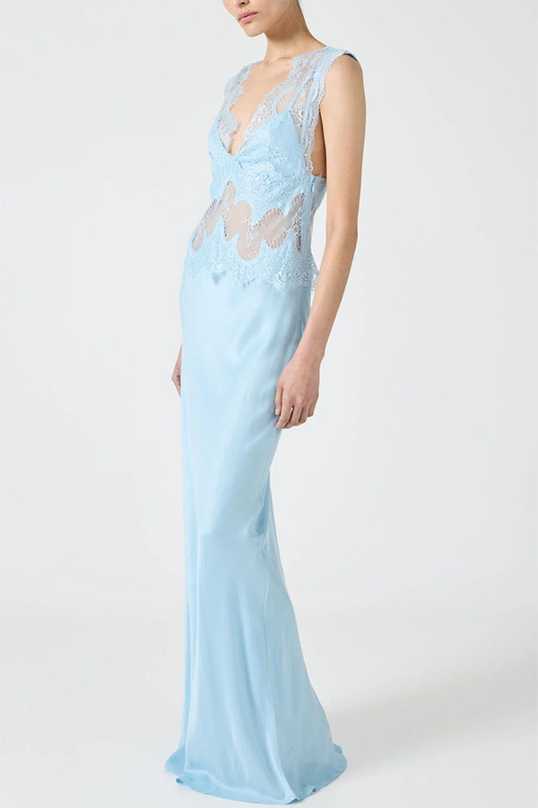 Effortless Elegance Satin Sheer Lace Patchwork V-neck Drape Maxi Dress