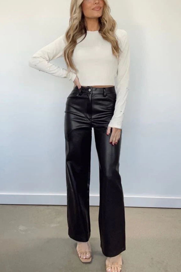 Timelessly Trendy Leather Pocket Buttoned High Rise Wide Leg Pants