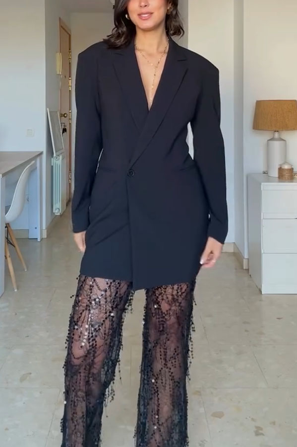 Yulissa Layered Sequin Tassels Mid Rise Stretch Wst Wide Leg Pants