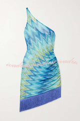 Eline Knit Colorful Zigzag PatternOne Shoulder Ruched Tassle Trim Mini Dress