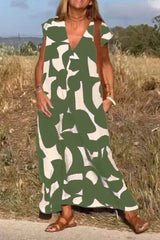V Neck Geometric Pattern Loose Midi Dress