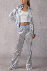 Fashion Sequined Loose Long-sleeved Shirt and Casual Elastic Waist Wide-leg Pants Set