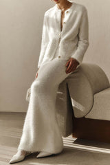 Solid Color Long-sleeved Button-pocket Knitted Jacket and Elegant Long Skirt Set