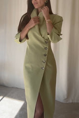 Elegant Look Linen Blend Stand Lapel Neck Half Sleeve Side Button Midi Dress