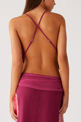 Sexy Deep V Backless Draped Camisole Top and Floral Print Chiffon Maxi Skirt Set