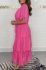 Queen Retro Silk Ruffle Belted Tiered Maxi Dress