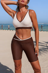 Stylish V-neck Pocketed Stretch Two-piece Bikini Swimsuit and Solid Color Long-sleeved Cover-up Set