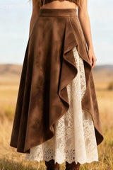 Stylish Suede and Lace Patchwork Elegant Asymmetrical Midi Skirt