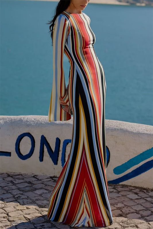 Vibrant Holiday Colorful Striped Print Extra Long Sleeve Fitted Flared Maxi Dress