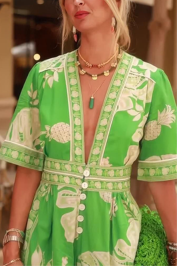 Plant Print V-Neck Short Sleeve Button Loose Pocket Jumpsuit