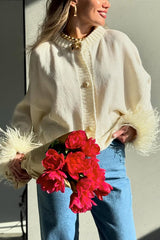 Solid Color Elegant Feather Long Sleeve Casual Knitted Cardigan