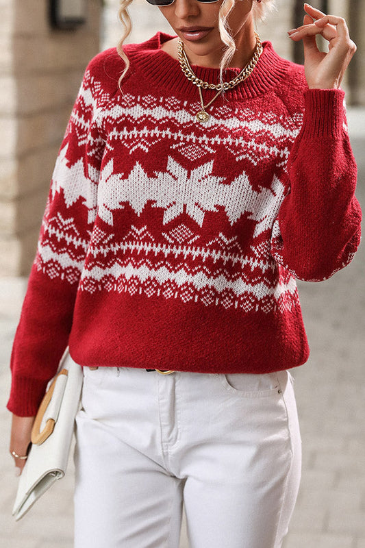 Christmas Snowflake Round Neck Long Sleeve Loose Knitted Sweater