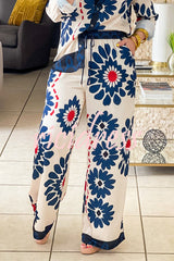 Unique Printed Lapel Long-sleeved Loose Shirt and Casual Pocket Wide-leg Pants Set