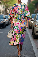 Unique Print Batwing Sleeve Waisted Casual Midi Dress