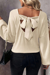 Solid Color Loose V-neck Long-sleeved Elegant Bow Knit Top