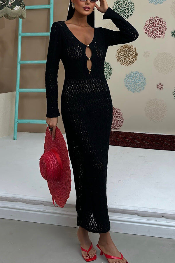 Fashion V-neck Long-sleeved Hollow Slim Maxi Dress