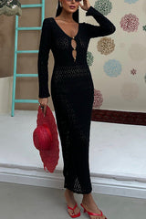 Fashion V-neck Long-sleeved Hollow Slim Maxi Dress