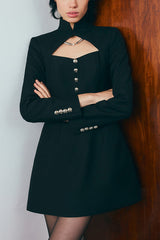 Elegant Long-sleeved Hollowed-out Button-down Slim-fit Mini Dress