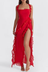 Ultra-se Silhouette Ruffle High Slit Lightweight Maxi Dress