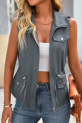 Fashionable Casual Zipper Drawstring Pocket Sleeveless Vest Jacket